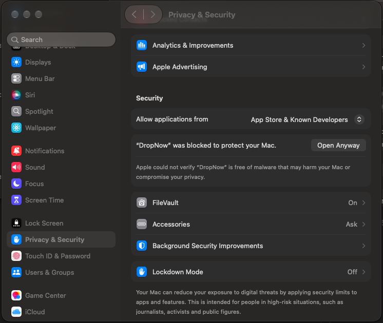 macOS Privacy & Security showing “DropNow was blocked” with an Open Anyway button